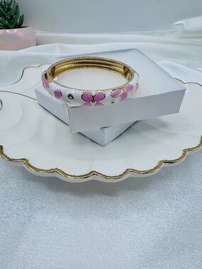 Pink Floral Enamel Bangle Bracelet Gold Tone White Hinged Cuff Bracelet